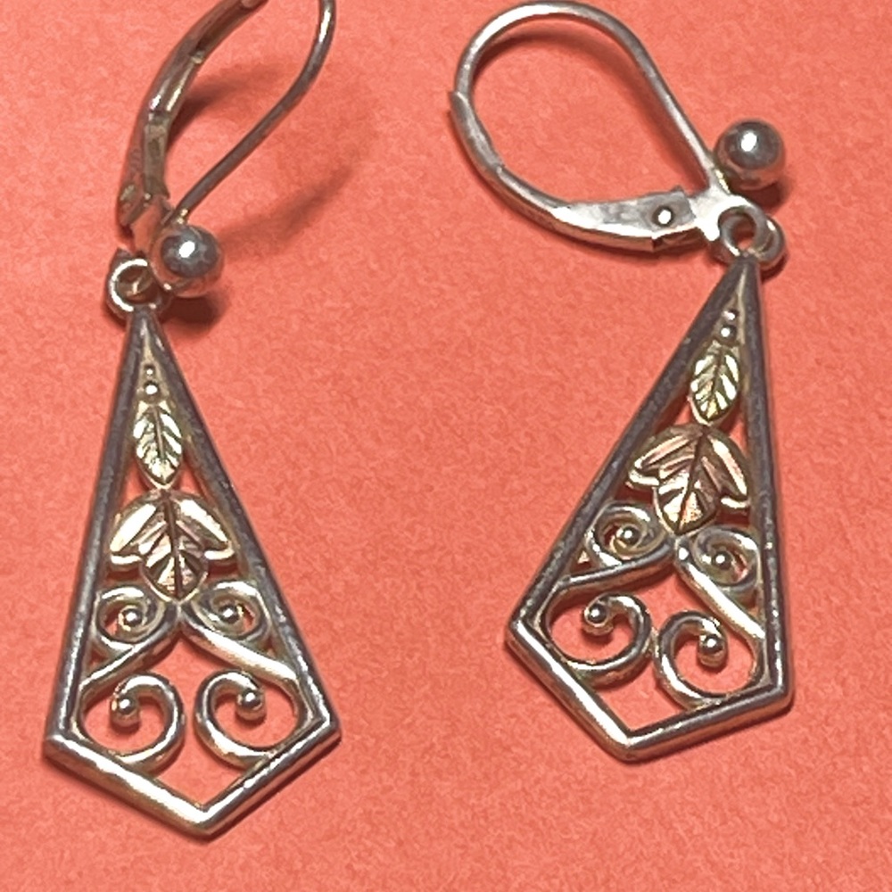 Black Hills Gold, vintage, lever-back earrings. Sterling Silver w/ gold leaves